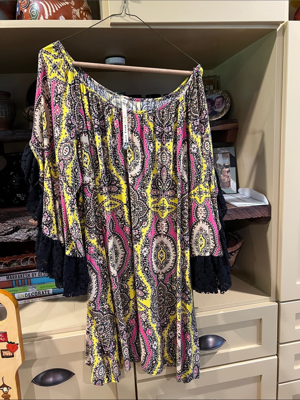 Uncle Frank Yellow Pink Paisley Mini Dress with Black Lace Sleeves